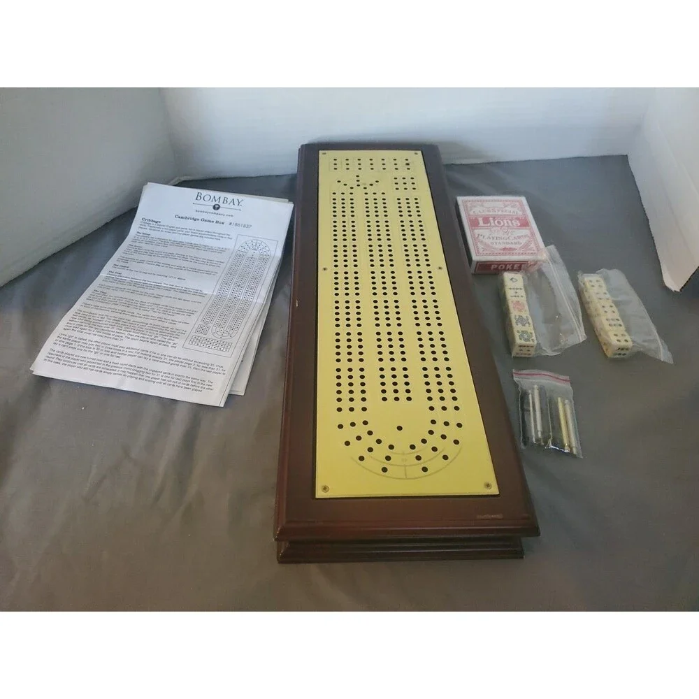 VTG THE BOMBAY COMPANY CAMBRIDGE CRIBBAGE GAME BOX #1861837 WOOD & BRASS READ